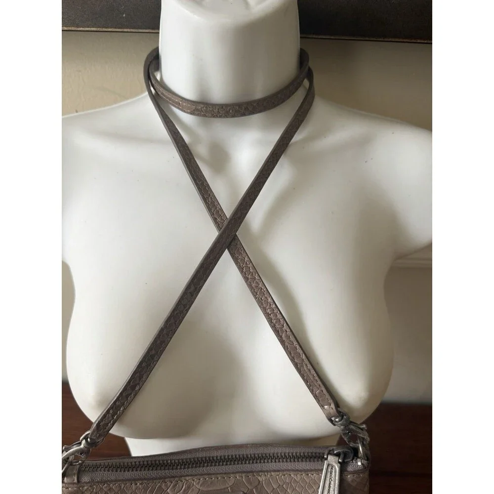 Rebecca Minkoff 3-Zip Crossbody Bag Taupe Grey Snake Embossed Leather Fringe